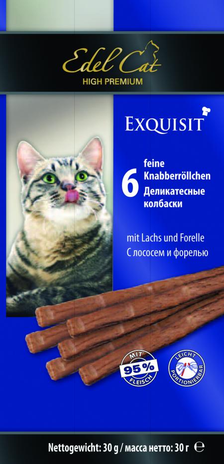 Лакомства на zoomaugli.ru Edel Cat Exquisit деликатесные колбаски с лососем и форелью для кошек 6 шт по 5 г