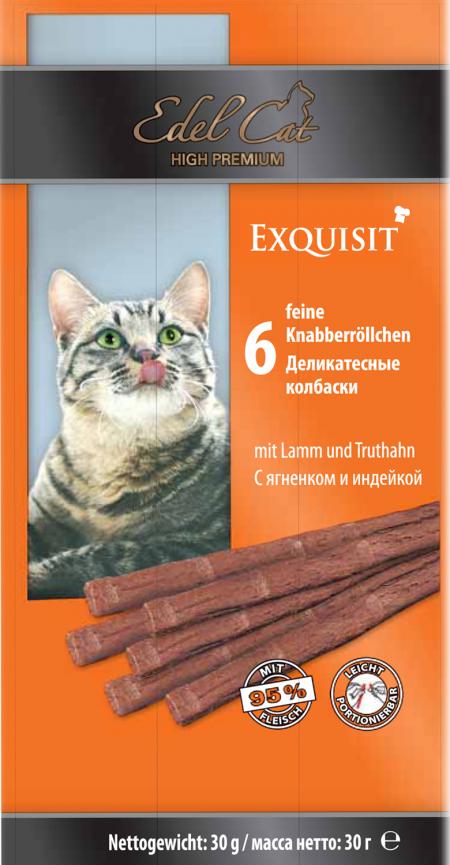 Лакомства на zoomaugli.ru Edel Cat Exquisit деликатесные колбаски с ягненком и индейкой для кошек 6 шт по 5 г