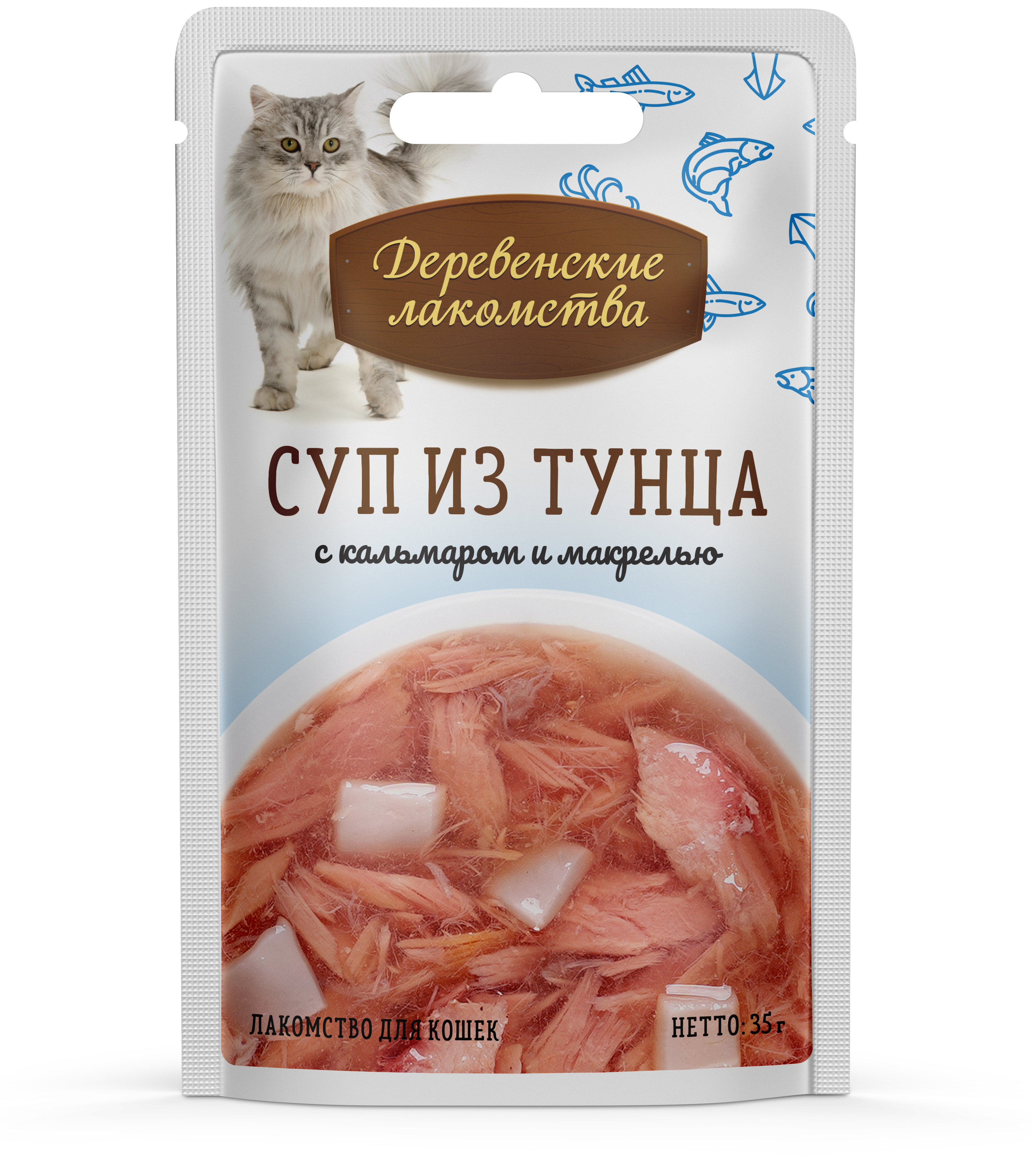 Лакомства на zoomaugli.ru Деревенские лакомства Суп из тунца с кальмаром и макрелью для кошек 35 г