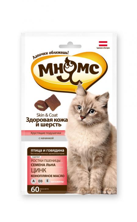 Лакомства на zoomaugli.ru Мнямс Здоровая кожа и шерсть хрустящие подушечки для кошек 60 г