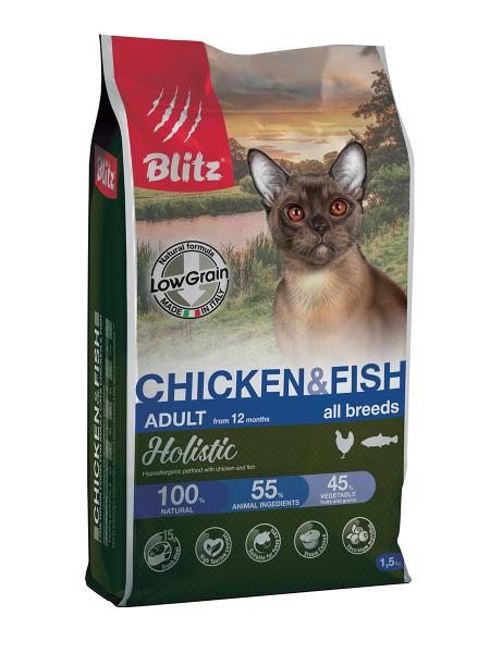 Сухой корм на zoomaugli.ru Blitz Holistic Adult All Breeds Chicken & Fish для кошек всех пород с курицей и рыбой 1,5 кг