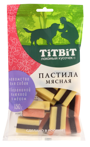 Лакомства на zoomaugli.ru TiTBiT Пастила мясная с бараниной, клюквой и мёдом для собак 130 г