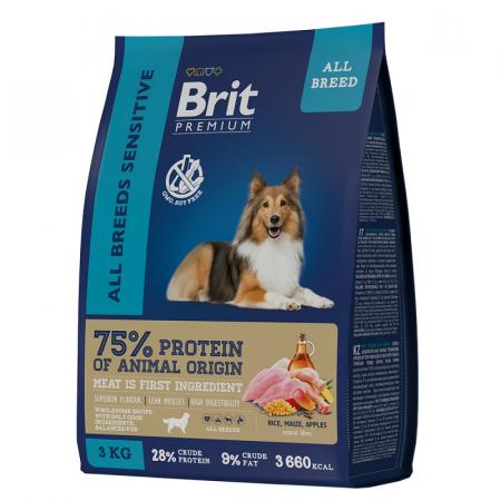 Сухой корм на zoomaugli.ru Brit Premium All Breeds Sensitive для взрослых собак всех пород с чувствительным пищеварением с ягнёнком и индейкой 3 кг