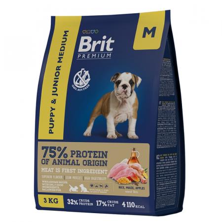 Сухой корм на zoomaugli.ru Brit Premium Puppy and Junior Medium для щенков и молодых собак средних пород с курицей 3 кг