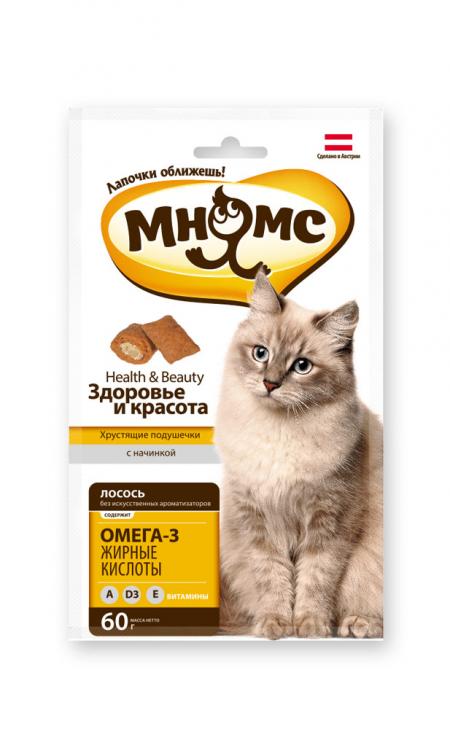 Лакомства на zoomaugli.ru Мнямс Здоровье и крастота хрустящие подушечки для кошек 60 г