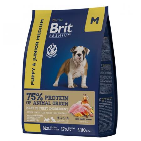 Сухой корм на zoomaugli.ru Brit Premium Puppy and Junior Medium для щенков и молодых собак средних пород с курицей 1 кг