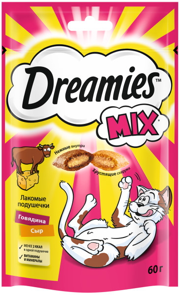 Лакомства на zoomaugli.ru Dreamies MIX Лакомые подушечки с говядиной и сыром для кошек 60 г