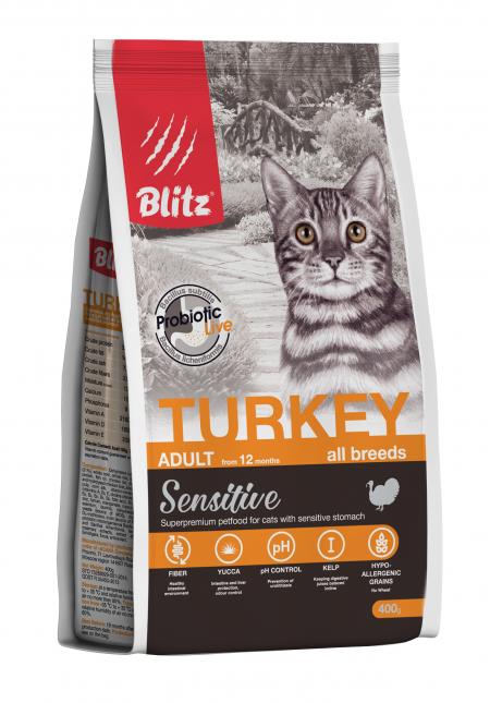 Сухой корм на zoomaugli.ru Blitz Sensitive Adult Turkey для кошек с индейкой 400 г
