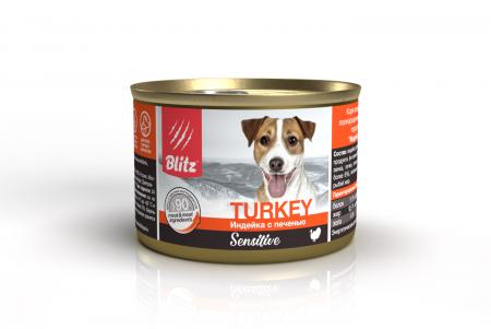 Влажный корм на zoomaugli.ru Blitz Sensitive Turkey Индейка с печенью для собак 200 г