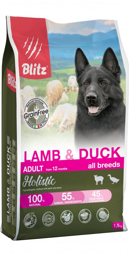 Сухой корм на zoomaugli.ru Blitz Holistic Grain Free Adult All Breeds Lamb & Duck для собак всех пород с ягнёнком и уткой 1,5 кг