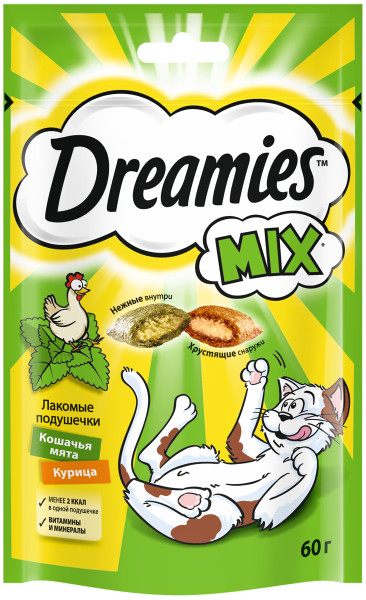 Лакомства на zoomaugli.ru Dreamies MIX Лакомые подушечки с кошачьей мятой и курицей для кошек 60 г