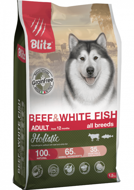 Сухой корм на zoomaugli.ru Blitz Holistic Grain Free Adult All Breeds Beef & White Fish для собак всех пород с говядиной и белой рыбой 1,5 кг
