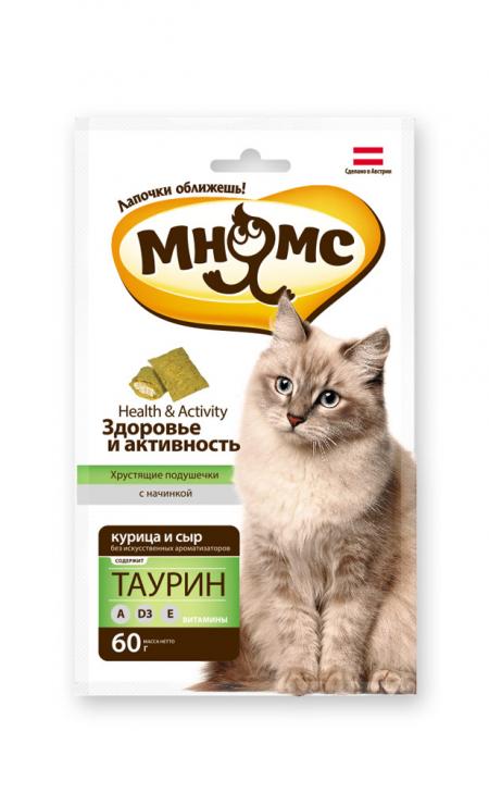 Лакомства на zoomaugli.ru Мнямс Здоровье и активность хрустящие подушечки для кошек 60 г