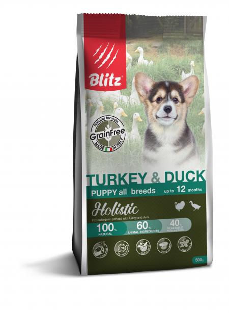 Сухой корм на zoomaugli.ru Blitz Holistic Grain Free Puppy All Breeds Turkey & Duck для щенков всех пород с индейкой и уткой 500 г