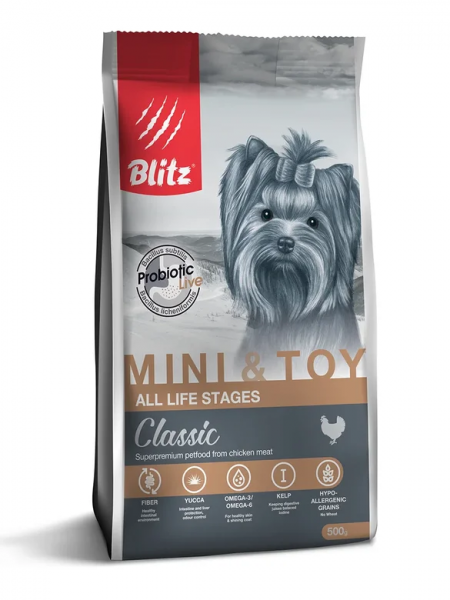 Сухой корм на zoomaugli.ru Blitz Classic All Life Stages Mini & Toy для собак мелких и миниатюрных пород 500 г