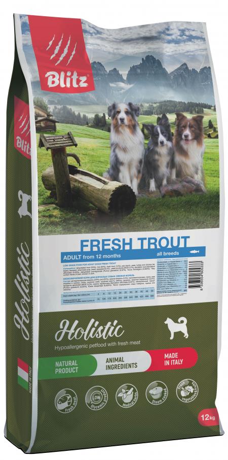 Сухой корм на zoomaugli.ru Blitz Holistic Low Grain Adult All Breeds Fresh Trout для собак всех пород со свежей форелью 12 кг
