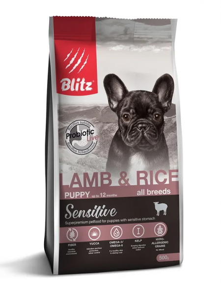 Сухой корм на zoomaugli.ru Blitz Sensitive Puppy All Breeds Lamb & Rice для щенков всех пород с ягнёнком и рисом 500 г
