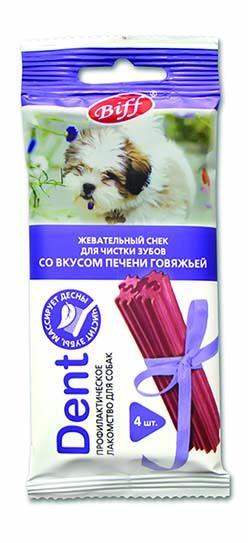 Лакомства на zoomaugli.ru Biff Жевательный снек для чистки зубов со вкусом печени говяжьей Dent для собак мелких пород 4 шт 40 г