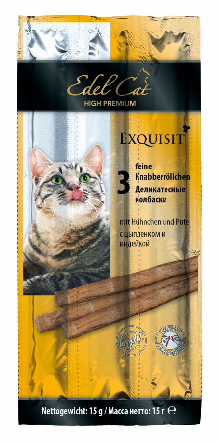 Лакомства на zoomaugli.ru Edel Cat Exquisit деликатесные колбаски с цыплёнком и индейкой для кошек 3 шт по 5 г