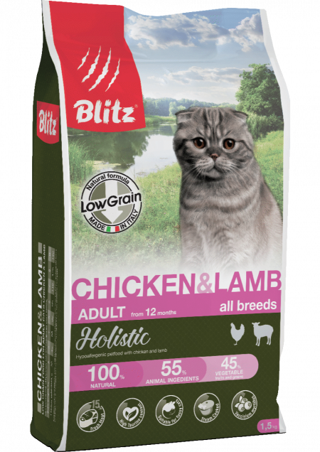 Сухой корм на zoomaugli.ru Blitz Holistic Adult All Breeds Chicken & Lamb для кошек всех пород с курицей и ягнёнком 1,5 кг