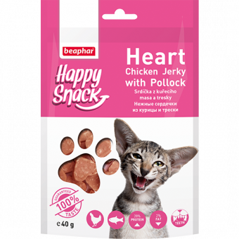 Купить Beaphar Happy Snack Heart Chicken Jerky with Pollock Hежные сердечки из курицы и трески для кошек 40 г