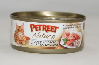 Купить Petreet Natura Tonno Rosa con Calamari кусочки розового тунца с кальмарами для кошек 70 г