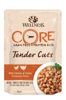 Купить Wellness CORE Tender cuts нарезка из курицы с индейкой в соусе для кошек 85 г
