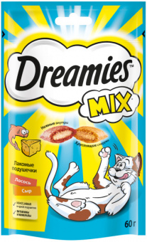 Купить Dreamies MIX Лакомые подушечки с лососем и сыром для кошек 60 г