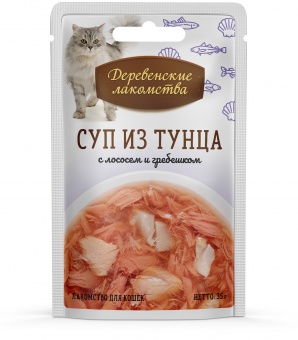 Купить Деревенские лакомства Суп из тунца с лососем и гребешком для кошек 35 г