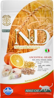 Купить Farmina N&D Ancestral Grain Adult Godfish & Orange низкозерновой корм для кошек с треской и апельсином 1,5 кг