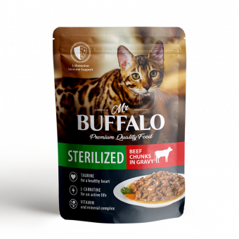 Купить Mr.Buffalo Sterilized Beef Chanks in Gravy Говядина в соусе для стерилизованных кошек 85 г