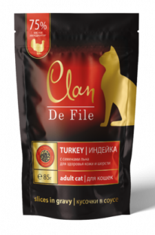 Купить CLAN De File Индейка с креветками и семенами льна кусочки в соусе для кошек 85 г