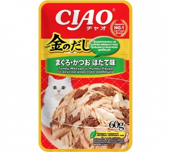 Купить INABA CIAO Kinnodashi Тунец Магуро и тунец Кацуо со вкусом морского гребешка для кошек 60 г