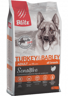 Купить BLitz Sensitive Adult All Breeds Turkey & Barley для собак всех пород с индейкой и ячменём 2 кг