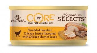Купить Wellness CORE Siganture Selects измельченные кусочки в виде фарша в соусе с курицей и куриной печенью для кошек 79 г