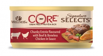 Купить Wellness CORE Siganture Selects кусочки в соусе из говядины с курицей для кошек 79 г
