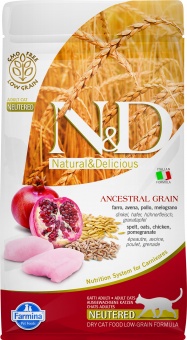 Купить Farmina N&D Ancestral Grain Neutered Chicken & Pomegranate низкозерновой корм для стерилизованных кошек с курицей и гранатом 1,5 кг