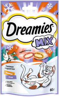 Купить Dreamies MIX Лакомые подушечки с курицей и уткой для кошек 60 г
