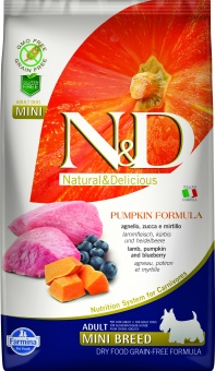 Купить Farmina N&D Pumpkin Adult Mini Lamb & Blueberry беззерновой корм для собак мелких пород с ягненком и черникой 2,5 кг